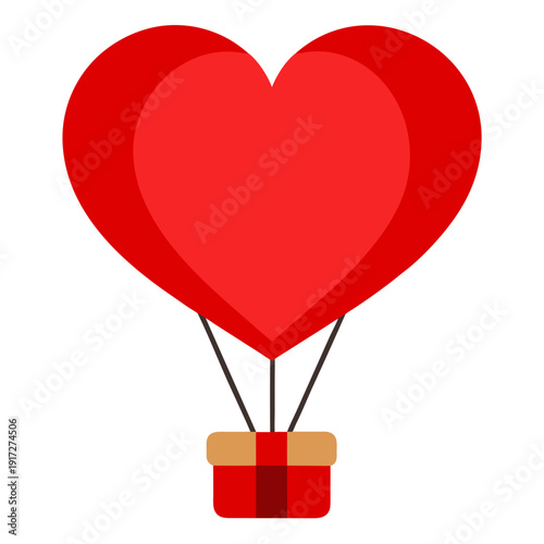 A simple red heart shaped hot air balloon carrying a small red gift box suspended underneath.