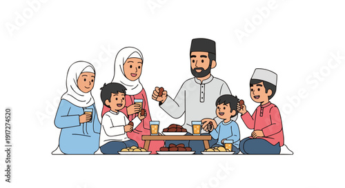 Illustration of a diverse Muslim family sharing a meal together on the floor with traditional clothing and a warm atmosphere against a clean white background.