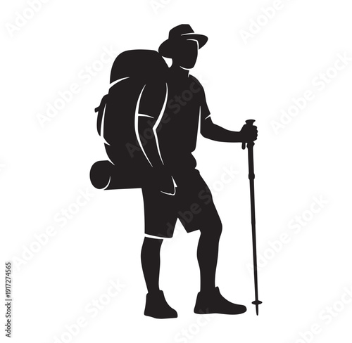man hiking with backpack and trekking poles on white background