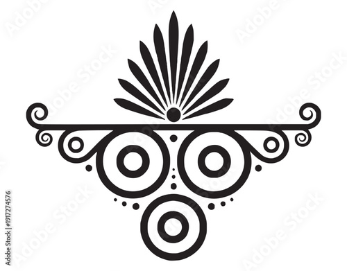 Classical Greek-Inspired Architectural Ornament featuring a Central Palmette Fan Motif with Concentric Circle Embellishments and Ornate Linear Scrollwork for Elegant Border Design