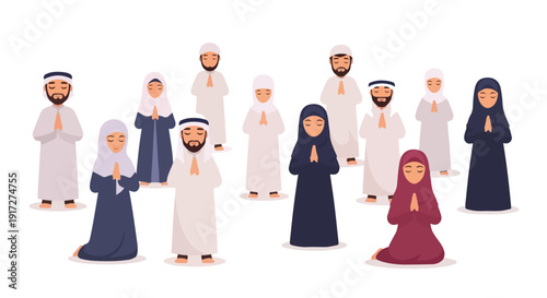 Illustration of a diverse group of people in traditional Islamic attire praying in a uniform, stylized manner against a clean white background.