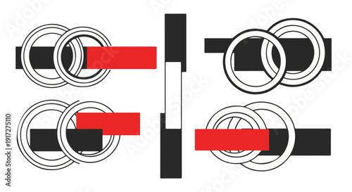 Technical drawing of four identical mechanical components with red bars and black and white details on a white background.