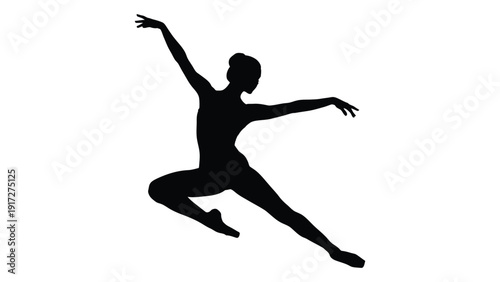 A silhouette of a dancer in a dynamic pose with arms and legs extended isolated on white background, Vector