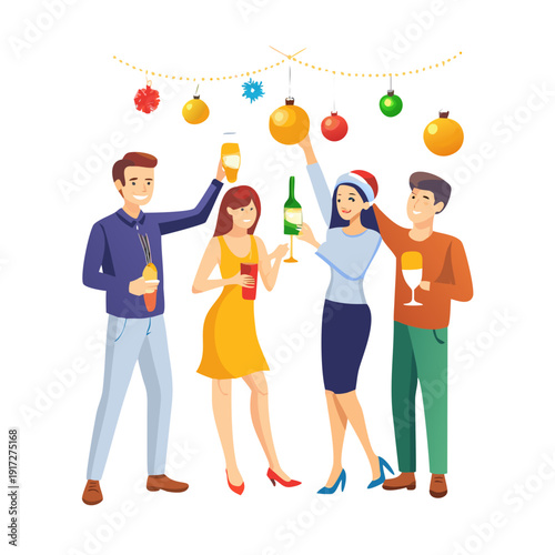 Happy young women and men with glasses with champagne, bottle of champagne, Bengal light, christmas balls. Flat style cartoon vector illustration.
