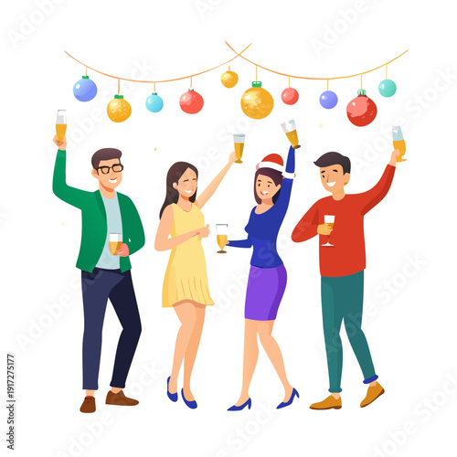 Happy young women and men with glasses with champagne, bottle of champagne, Bengal light, christmas balls. Flat style cartoon vector illustration.
