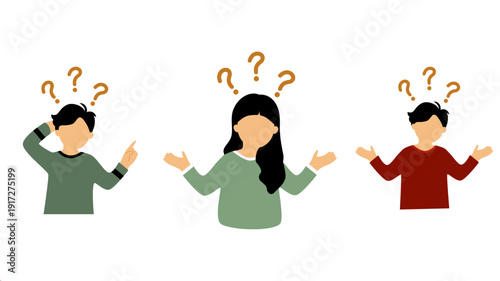 Flat vector illustration of people characters thinking and feeling confused with question mark elements. Minimalist design for doubt and decision making.