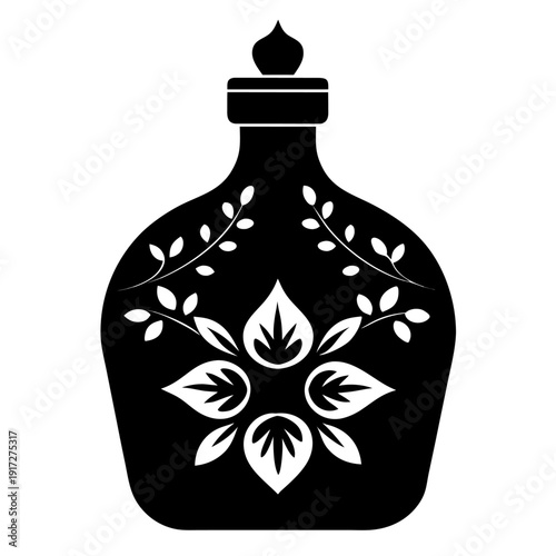 Elegant black ink bottle with white floral patterns and small leaves, featuring a flat-top stopper.