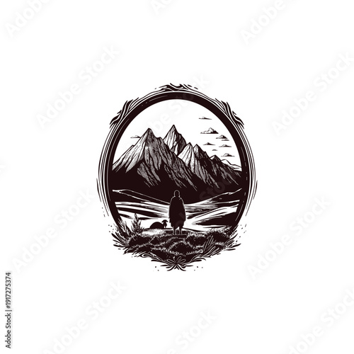 Mysterious wanderer or shepherd looking at a mountain range within an ornate oval frame in vintage engraving style.