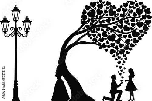 Romantic Silhouette of Man Proposing to Woman Under Heart Shaped Tree with Falling Leaves Near Vintage Street Lamp for Valentine Concept