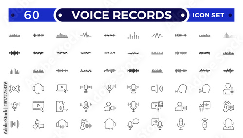 Voice Records web icons in line style. Sound wave, voice recognition, message, audio, speech, collection. Soundwave, social media message, voice assistant, audio.