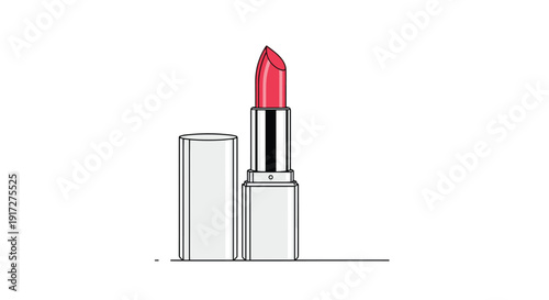 Classic red lipstick in a sleek silver and white case with its cap off, standing on a simple line against a clean white background.
