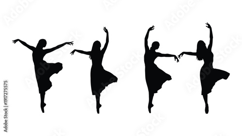 Four ballerinas performing a graceful dance routine on stage isolated on white background, Vector