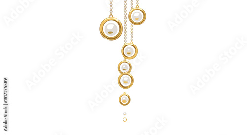 Elegant collection of golden ring pendants containing white pearls hanging from thin gold chains against a plain white background for luxury.