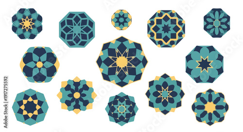 Collection of various blue and yellow geometric mandala designs on a white background, featuring intricate patterns and shapes.