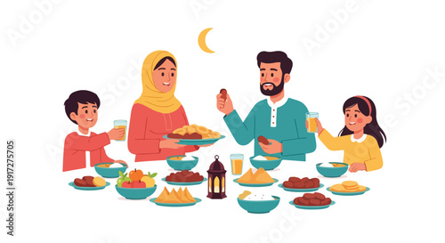 Illustration of a Muslim family sharing a meal together during Ramadan with traditional food and a crescent moon in the background.