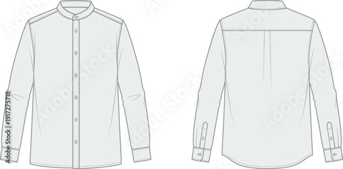 Front and back view of long sleeve band collar shirt technical flat sketch, detailed apparel design template