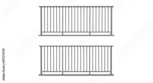 Two metal barriers or fences in grey color shown from front and side on transparent grid background for outdoor use