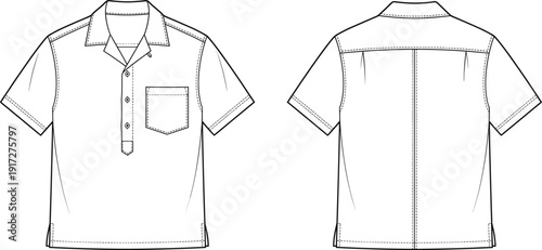 Front and back view of short sleeve polo shirt technical flat sketch, detailed apparel design template illustration