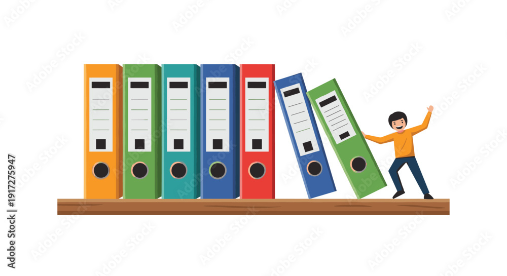 Obraz premium Playful illustration of a happy man in a yellow shirt pushing against a row of large colorful office binders to stop them from falling over.