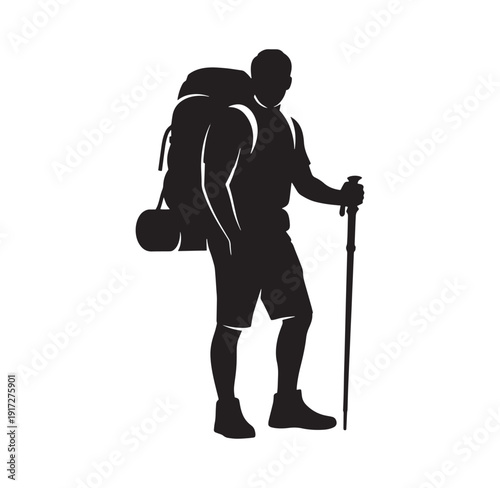 man with backpack and trekking pole walking alone on white background