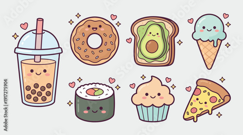 Assorted cartoon food and drink illustrations with cute faces and hearts.