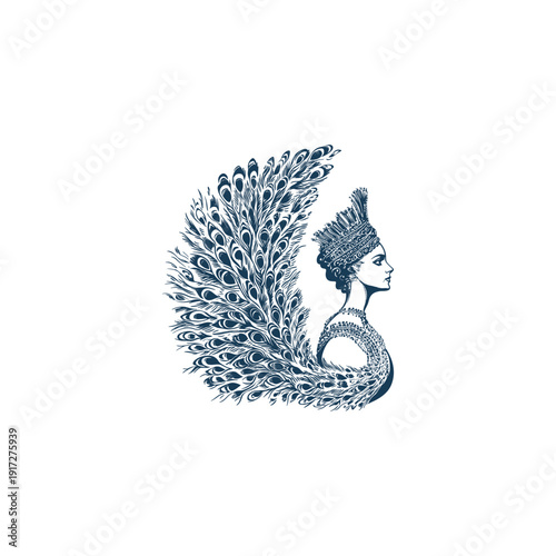 Vintage engraving style illustration of a royal queen portrait adorned with elegant peacock feathers.