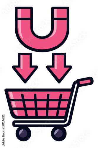 Modern line art illustration of customer attraction depicting a magnet drawing sales into a shopping cart for e-commerce
