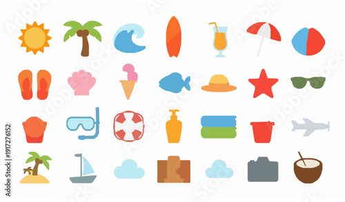 Cute colorful beach summer vacation icon set with tropical holiday elements playful flat vector
