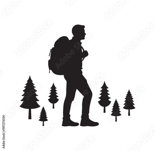 Man with backpack walking among pine trees in forest nature scenery