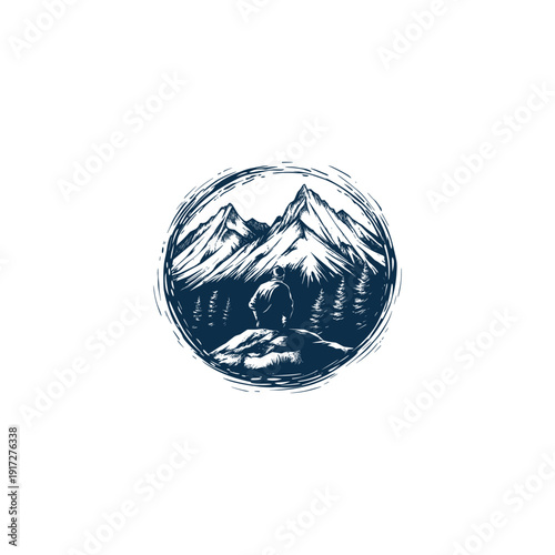 Man sitting on a rock contemplating a vast mountain range with pine forest in a circular vintage engraving.