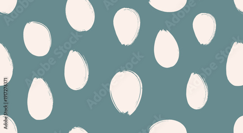 Seamless pattern of white hand-painted egg shapes scattered on a muted teal background for a modern minimalist design.