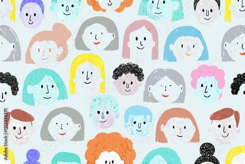 A colorful pattern of diverse hand drawn faces fills the frame