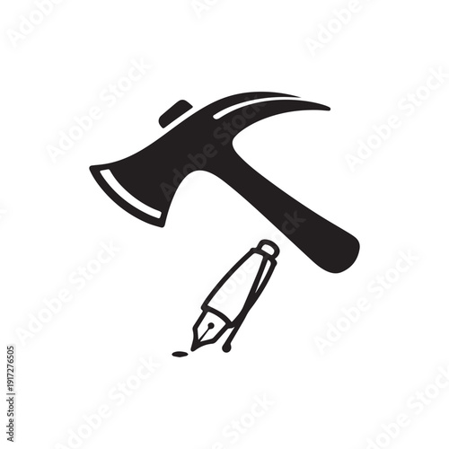 Creative Minimalist Crossed Axe and Fountain Pen Logo for Craftsmanship and Writing. 