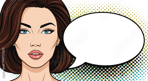 Pop art style illustration of a beautiful woman with dark hair and blue eyes next to a blank white speech bubble.