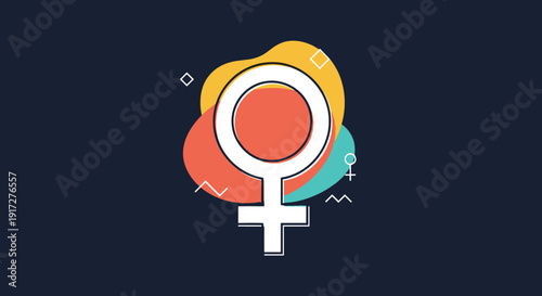 White female gender symbol positioned over colorful abstract organic shapes of orange, yellow, and teal on a dark background.