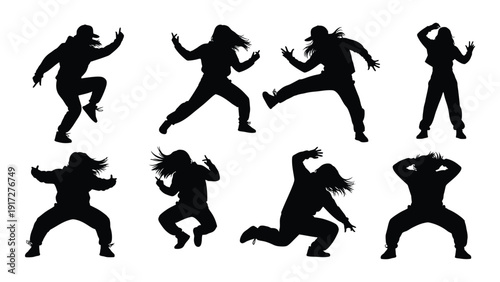 Silhouettes of martial arts practitioners performing various techniques isolated on white background, Vector