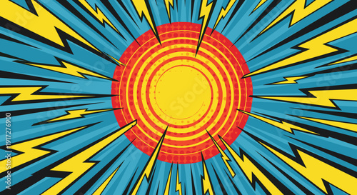 Dynamic comic book background featuring a large yellow and red central sun with blue rays and yellow lightning bolts.