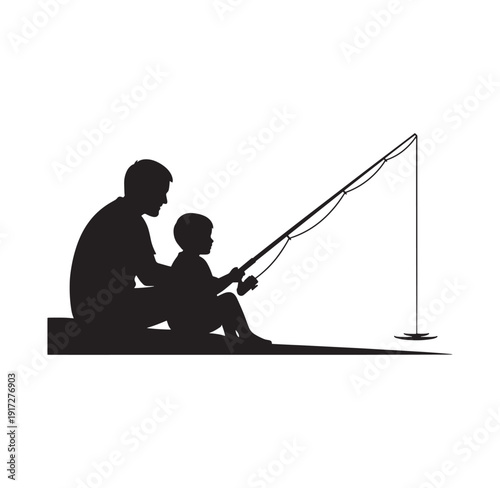silhouette of a man and a child fishing together on the bank  leisure activity