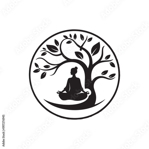  Serene Yoga Meditation Logo Featuring a Woman Sitting Under a Bodhi Tree.