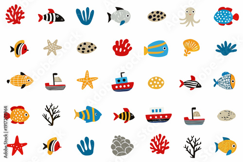 Colorful collection of illustrated marine life and nautical elements
