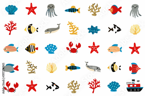 Colorful cartoon illustrations of various marine life and ocean elements
