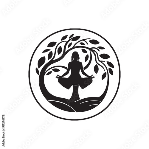  Serene Yoga Meditation Logo Featuring a Woman Sitting Under a Bodhi Tree.