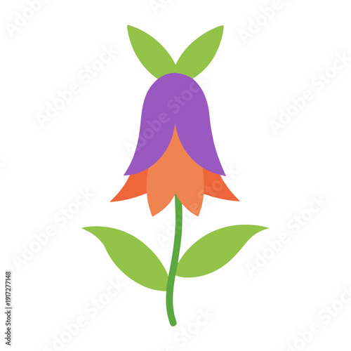 A flat design illustration of an upright campanula flower with purple and orange petals and green leaves.