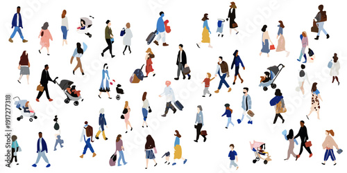 A large group of stylized people walking in various directions