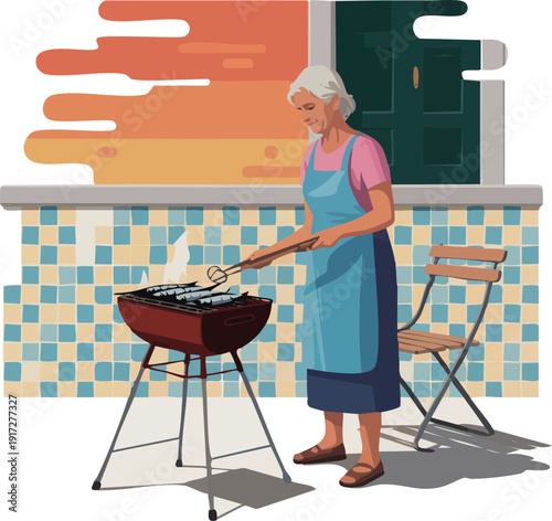 elderly woman grilling food on a small barbecue at home