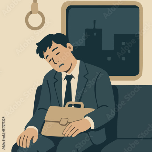tired businessman sleeping in a train while holding a briefcase