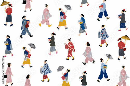 A diverse crowd of people walking many holding umbrellas and bags