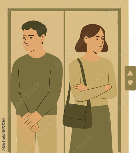 Man and Woman Standing Silently in Elevator with Awkward Atmosphere