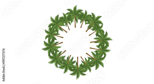 Decorative circular arrangement of green palm trees viewed from above representing tropical nature and vacation vibes.