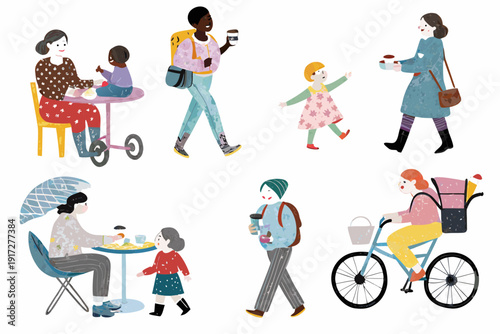 Diverse group of people enjoying everyday life in a whimsical illustration